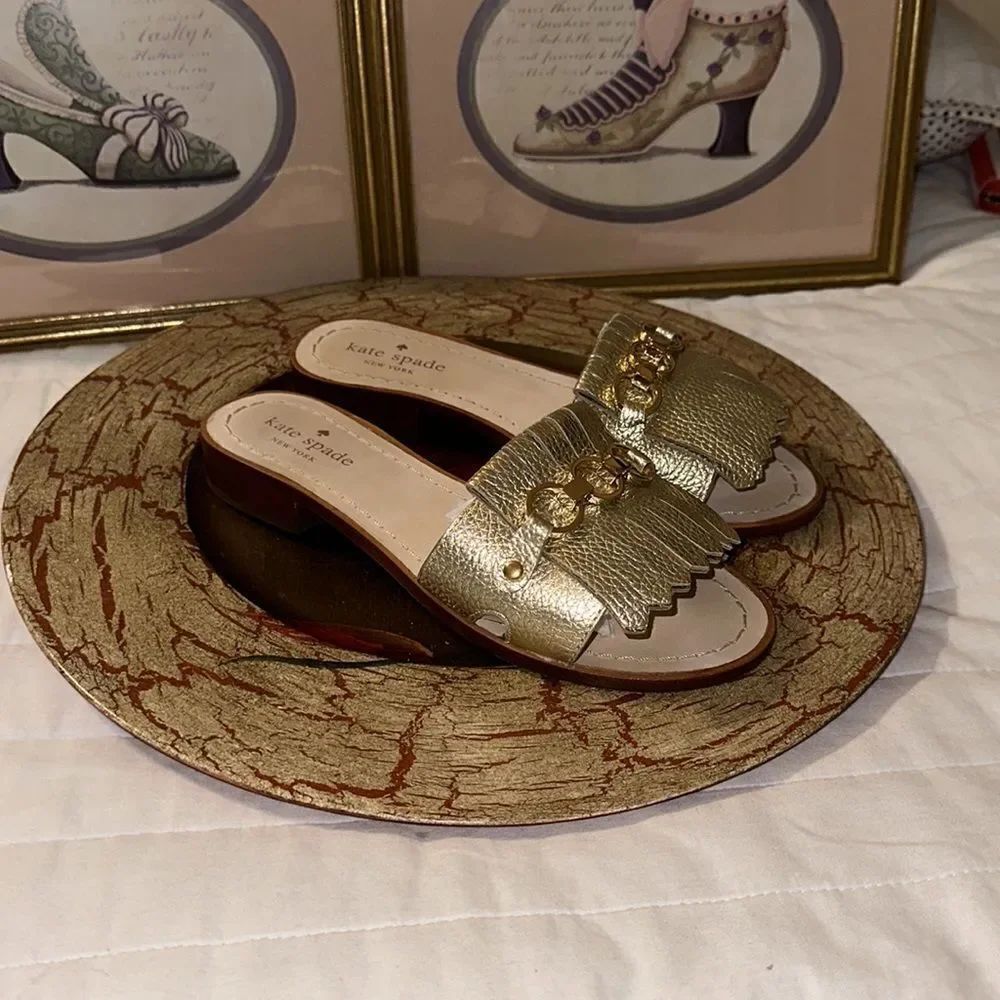 kate spade 6 Brie Kilkie Gold Metallic Leather Slides Sandals - Picture 4 of 16